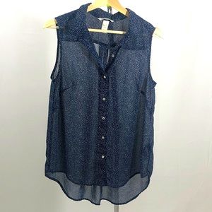 H&M Navy Blue & White Spotted Polkadot Chiffon Sleeveless Blouse Size 8